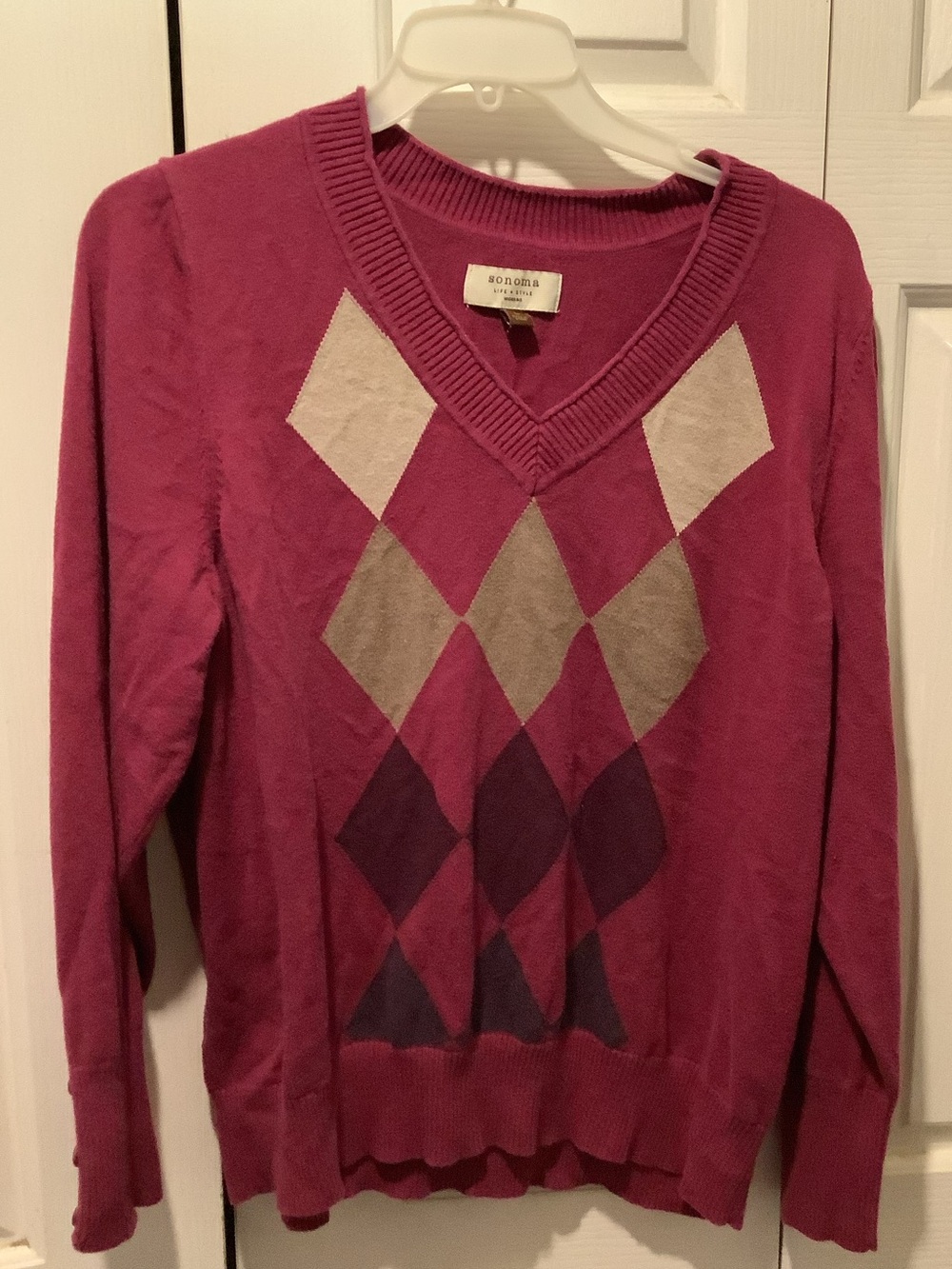 1X  Women’s Sonoma Raspberry Pink Argyle V-Neck Sweater